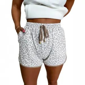 Znacicc Women's Blue Leopard Print Shorts Elastic High Waist Contrast Trim Drawstring with Pockets Machine Washable Casual Pull On Bottoms - Womenswear