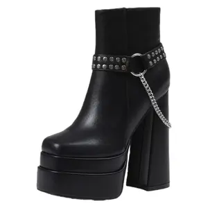 Women's Fashion Ankle Boots Platform Chunky High Heel Chain Decor Zip Combat Goth Shoes Black PU with Studs Footwear Stylish