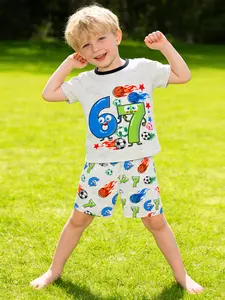 Boys Short Sleeve Shorts Pajama Set, Basketball Football Print, Cartoon Print Pajama, Casual Soft Comfortable Home Wear, Suitable for Sleeping and Playing