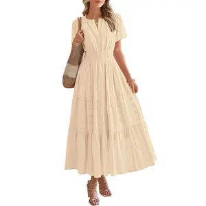 Women's Summer 2026 Casual Maxi Dress Lightweight Short Sleeve V Neck Boho Dress with Pockets # Outdoor fun