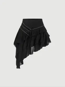 Women's Multi-Layer Ruffle Hem Asymmetrical Fitted Skirt, Bohemian Style, Vacation Look, Holiday Wear, Casual Fashion, Woven