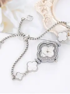 Four-Leaf Clover Classic Quartz Watch, Elegant Rhinestone Ladies' Wristwatch, Unique Bracelet Design, Calendar Function, Delicate Style