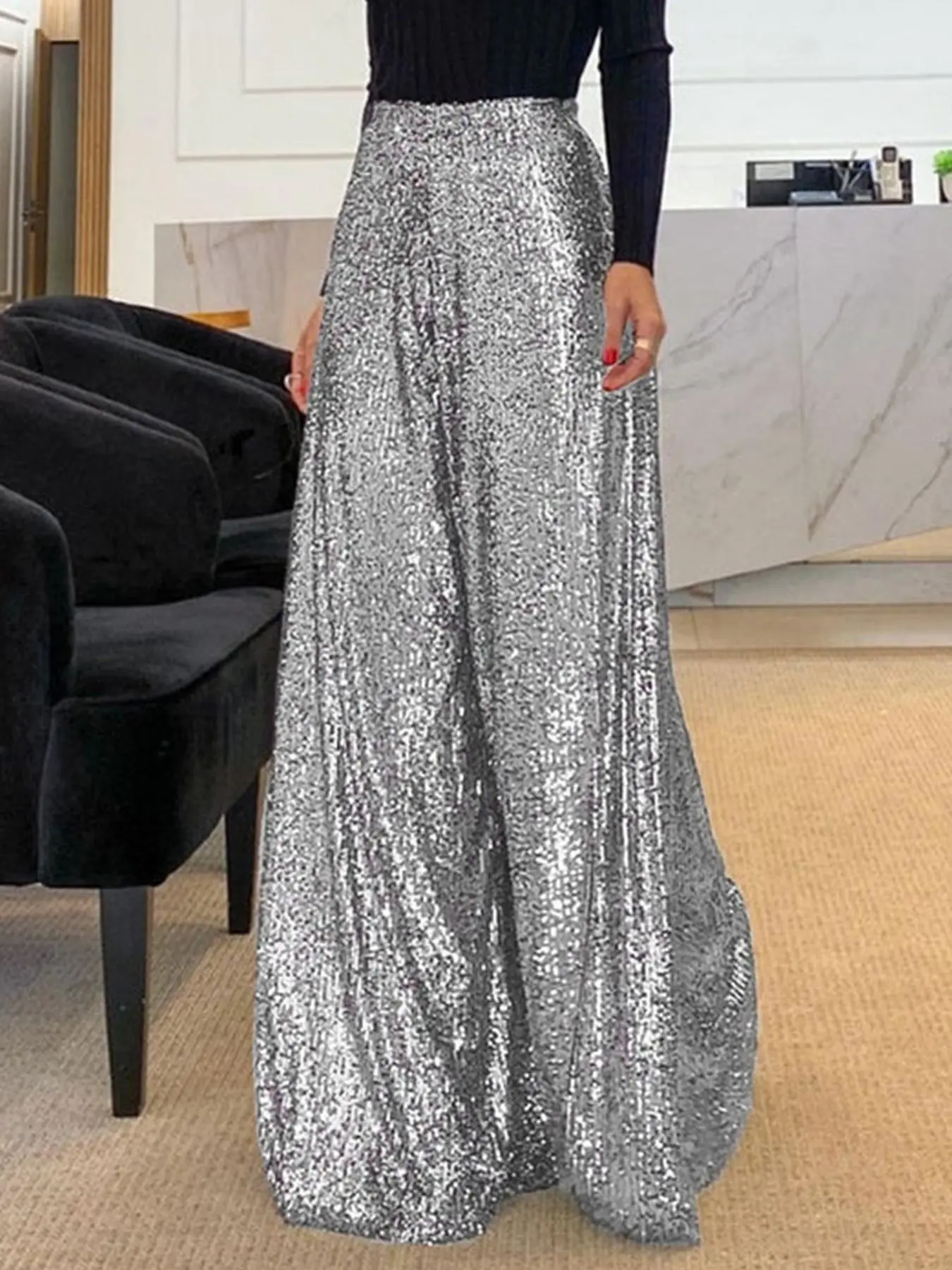 Women's Glitter Sequins Maxi Loose Wide Leg Pants, Elegant High Waist Trousers for Party Club Show Wear, Ladies Bottoms for Summer, Womenswear