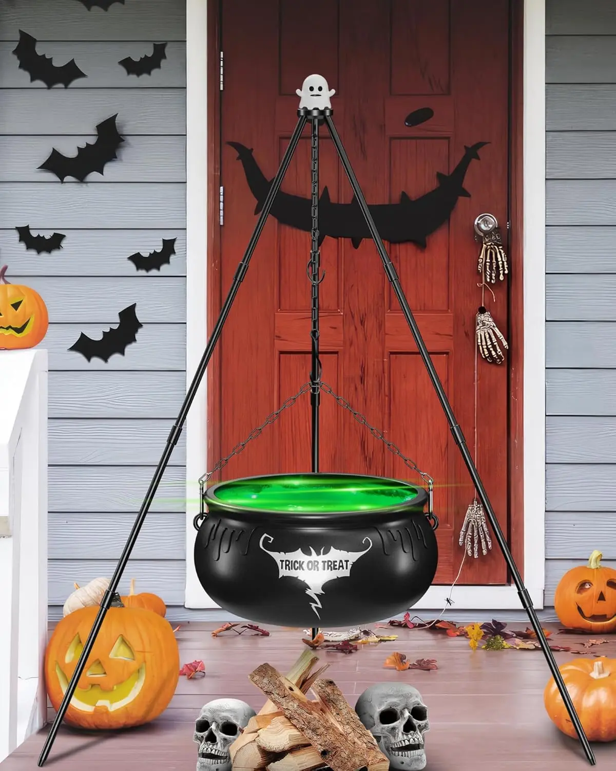 COOLWUFAN Large Witches Cauldron Party Decor with String Lights, Black Witch Cauldron on Tripod,for Porch Yard Patio Outdoor Ornaments,Gifts