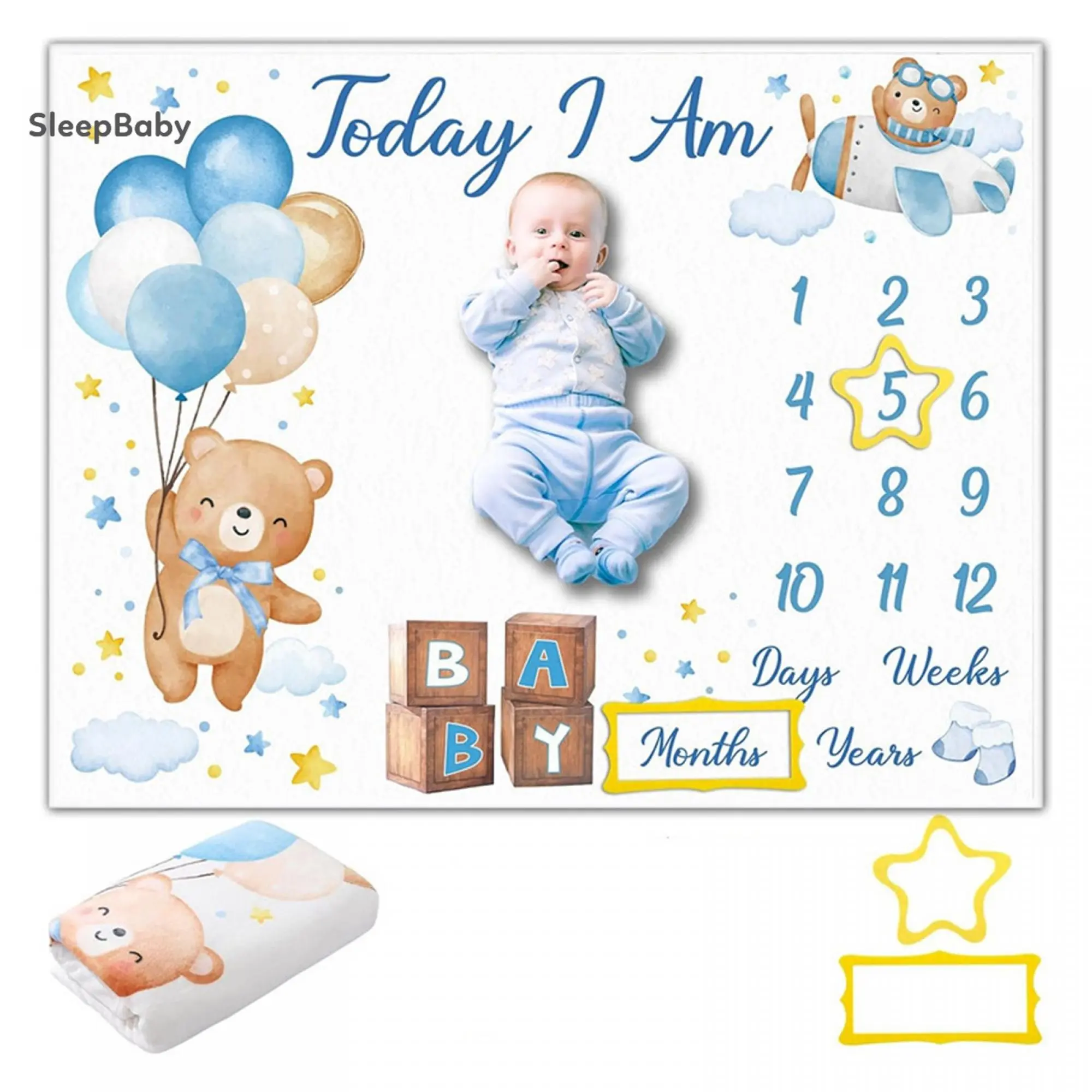 Baby Monthly Milestone Flannel Blanket, Adorable Bear Balloon Pattern Receiving Swaddle, Baby Photo Props with 2 Frames (1 Blanket + 2 Frames Set)