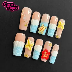 CuraTique | Sea turtles 10PCS Handmade Press On Nails REUSABLE 3D Gel spring/summer 2025 / Prom