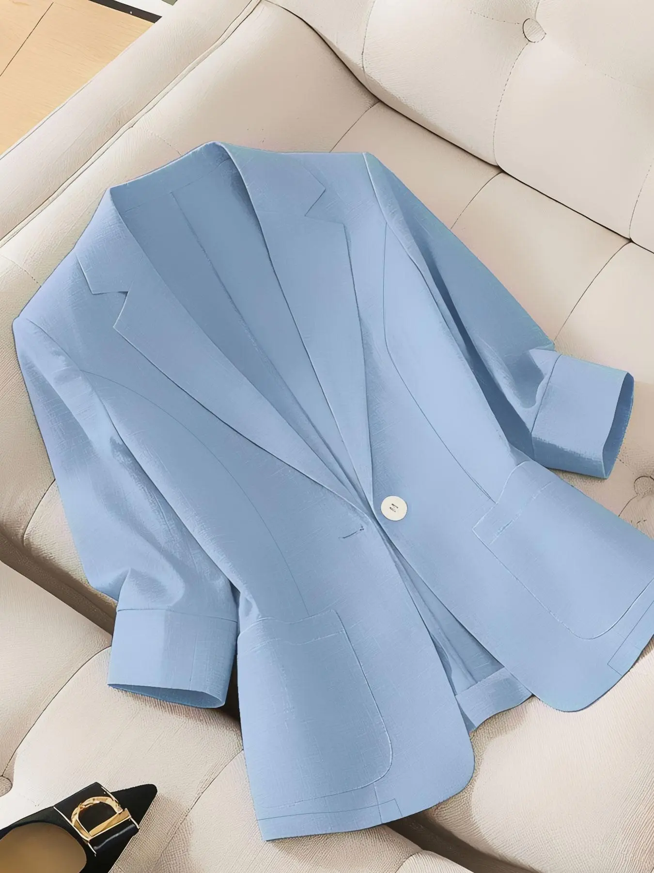 [plus Size] Women's Plain Thin Fitted Fashion One Button Blazer, Seven-Quarter Sleeve, Classic Lapel, Dual Pockets, Suitable for Spring/summer, Daily Commute, Outdoor Wear, Office Business Style Jacket Blazer
