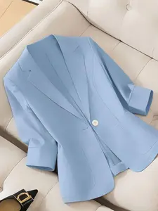 [plus Size] Women's Plain Thin Fitted Fashion Blazer, Seven-Quarter Sleeve, Classic Lapel, Dual Pockets, Suitable for Spring/summer, Daily Commute, Outdoor Wear