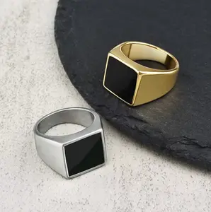 Men's 316L Stainless Steel Black Square Signet Ring (Size 7-12) Silver, Gold