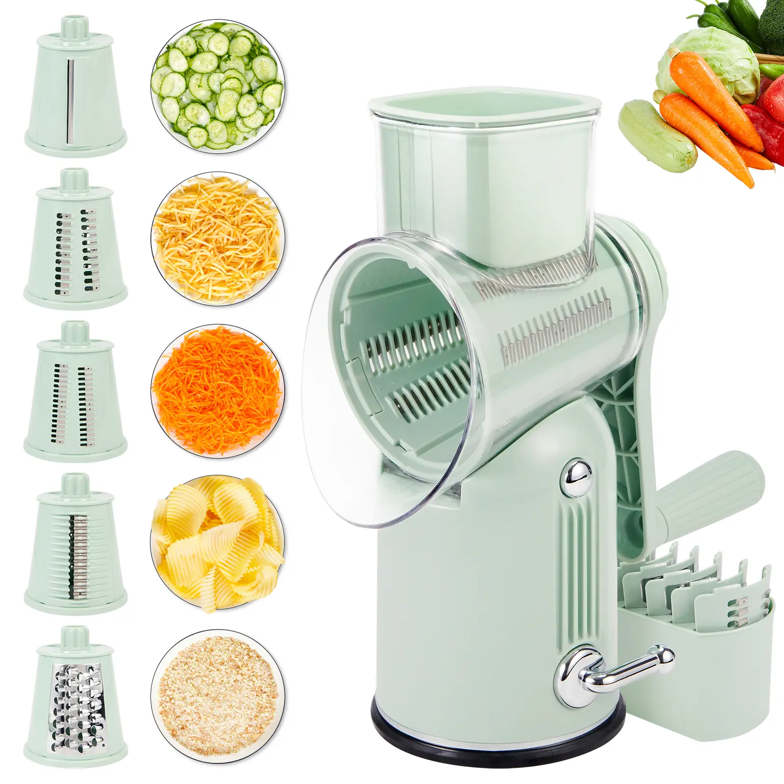Rotary Cheese Grater 5 in 1 Cheese Grater with Handle Vegetable Slicer with 5 Interchangeable Blades, Storage Box, Green Cheese Shredder with Strong Suction Base for Kitchen tool grated  Kitchenware Utensils Curve Smooth Steel Garlic tiktokshopspringglowu