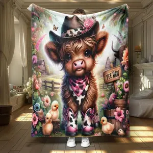 Cartoon Cow Print Soft Blanket, 1 Count Casual Soft Throw Blanket, Air-conditioned Room Blanket, Warm Nap Blanket For Home Office Travel Camping, Man Woman Gift