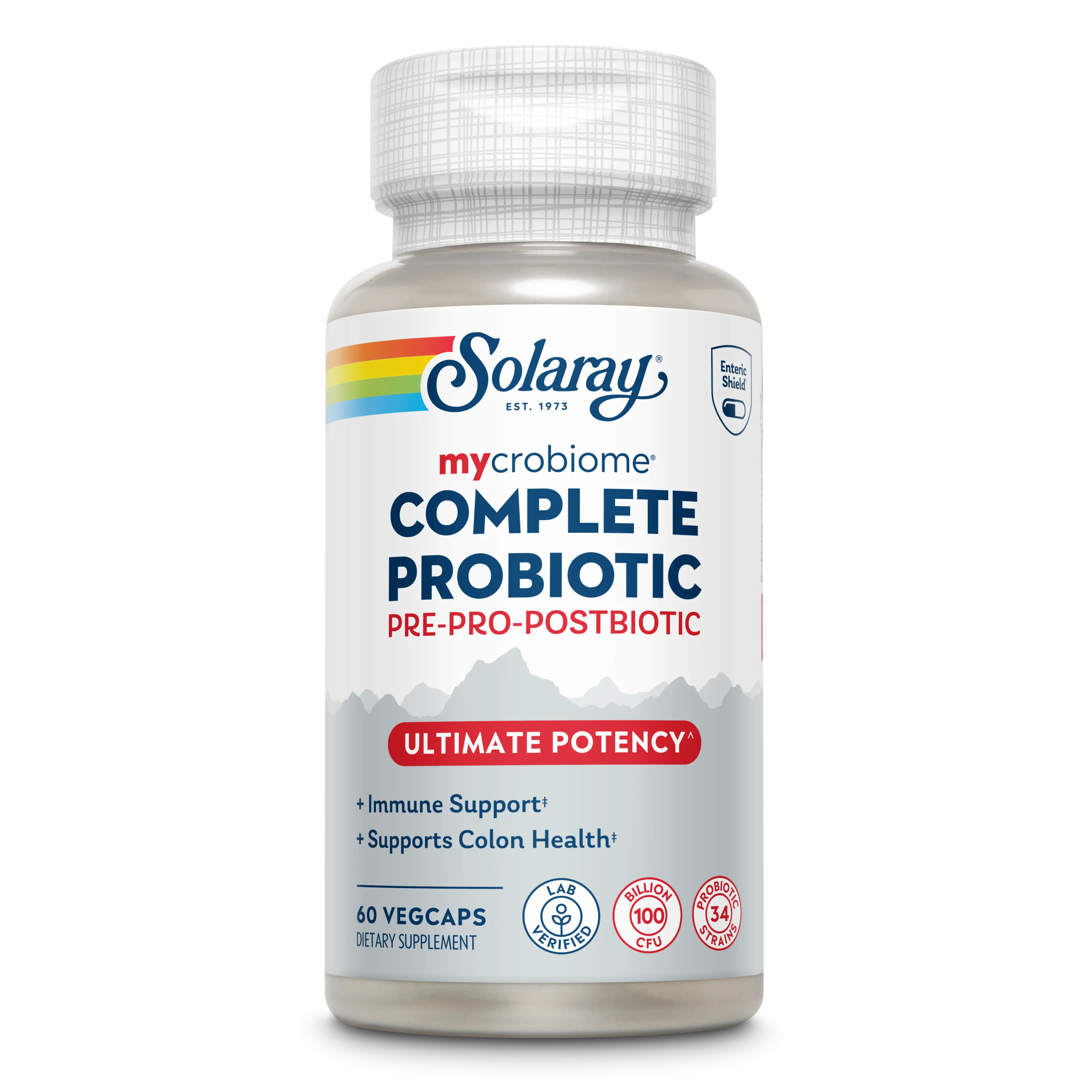Solaray "Ultimate Potency" Mycrobiome Complete Formula 3-in-1 Probiotic  (Pre+Pro+Post)- 100 Billion CFU Triple Action Formula with Prebiotics & Postbiotics for Immune & Colon Support 60 VegCaps - Healthcare