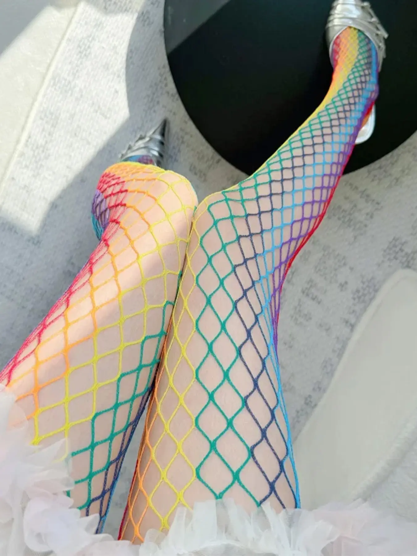 Rainbow Gradient Mesh Pantyhose for Women, High Waist Transparent Stretch Stockings, Y2K Sexy Thin Full-Length Pantyhose, Sweet Cool Versatile Style Stretchy