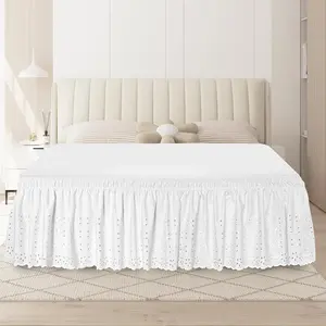 Twin Bed Skirt, Wrap-Around Elastic Ruffled Eyelet Bed Skirt Twin Size Dust Ruffle with Gathered Styling and Embroidered Details, 18" Drop Length (White)