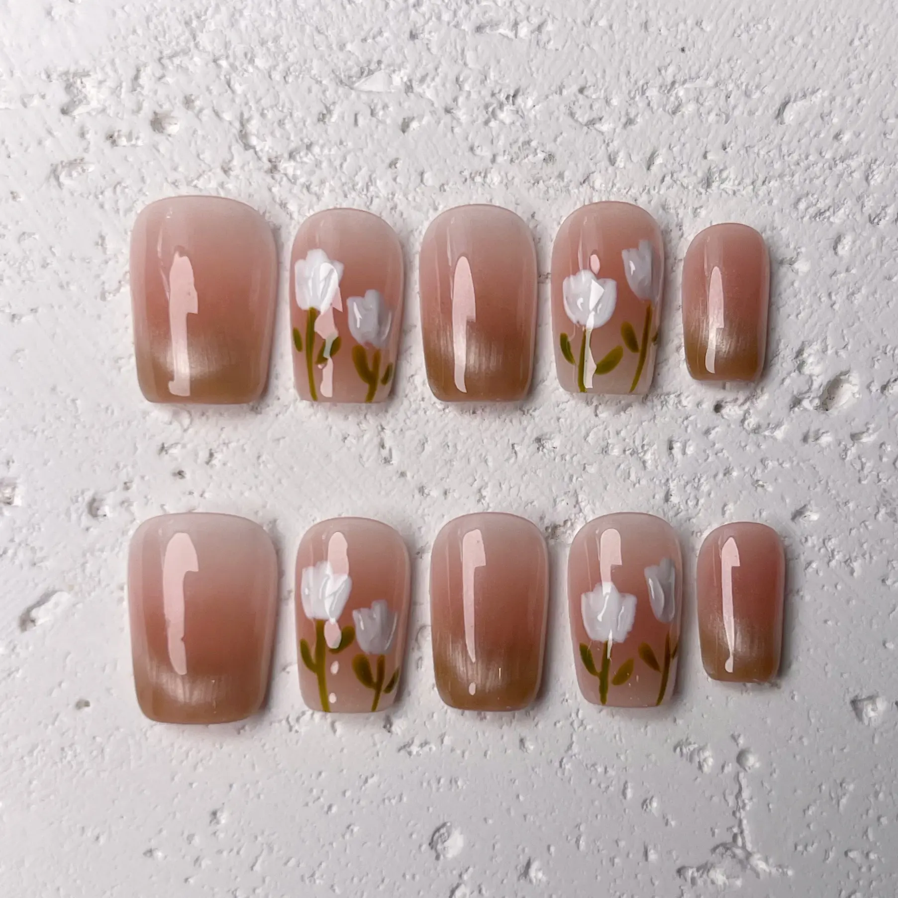 [Tulip] Short Square Handmade Press on Nails, Fake Nails with Nail tool kit with Jelly Stickers, Reusable, Durable
