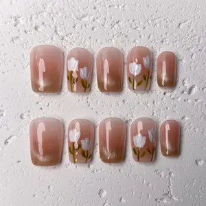 [Tulip] Short Square Handmade Press on Nails, Fake Nails with Nail tool kit with Jelly Stickers, Reusable, Durable