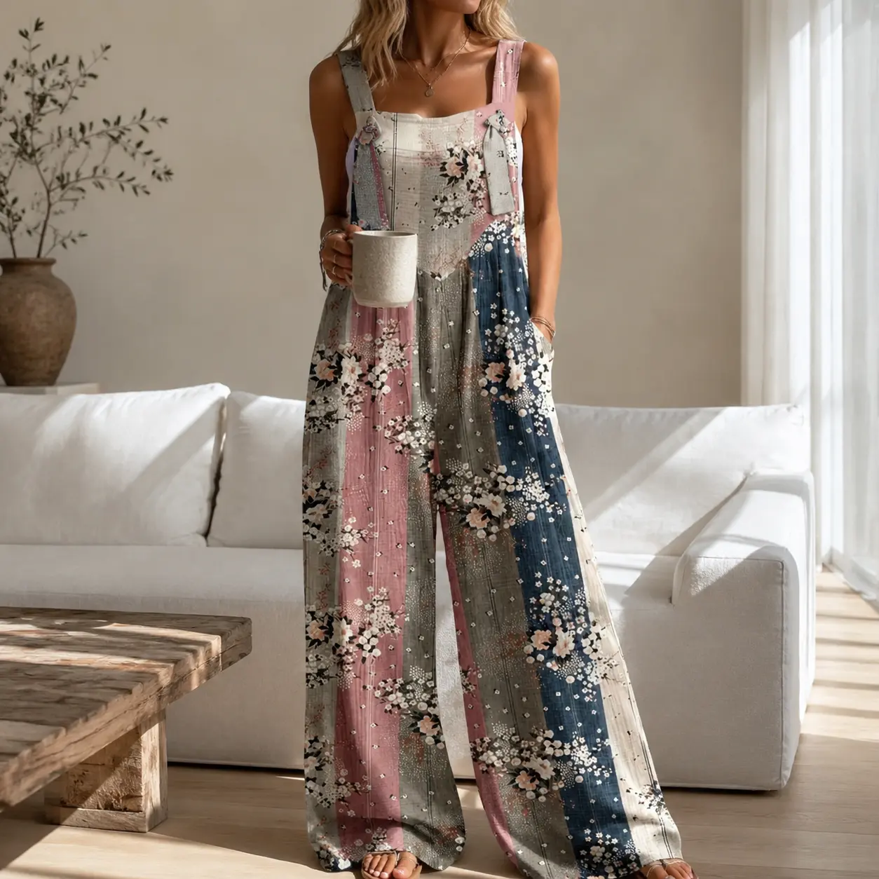 Women's Boho Patchwork Floral Print Sleeveless Square Neck Loose Wide Leg Bib Overalls Jumpsuit with Pockets, Vintage Retro Tropical Womenswear for Everyday Travel Casual， Rompers Style