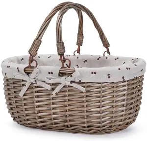 Oval Picnic Basket with Folding Handles, Willow Hand Woven Shopping Basket, Bath Toy Kids Toy Storage Gift Packing Basket, Wicker Empty Easter Eggs and Candy Small Gift Basket. Beige