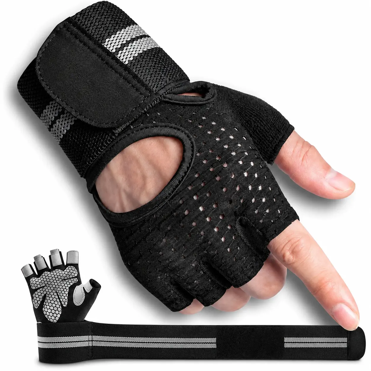 [SummerWins] Weight Lifting Gloves with Wrist Wrap Support, Breathable Half Finger Workout Gloves, Anti Slip Silicone Grip Gym Gloves for Men Women, Black/Pink M/L