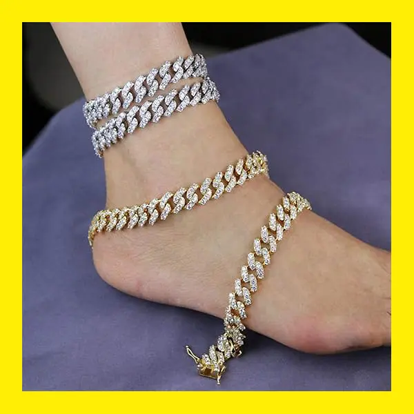 MaxBling81 Women's Adjustable Gold-Silver Iced CZ Cuban Chain Anklets, 13mm Fashionable Jewelry with Artificial Zircon, 9"-12" Length Costume Accessory for Women, Anklets For Women