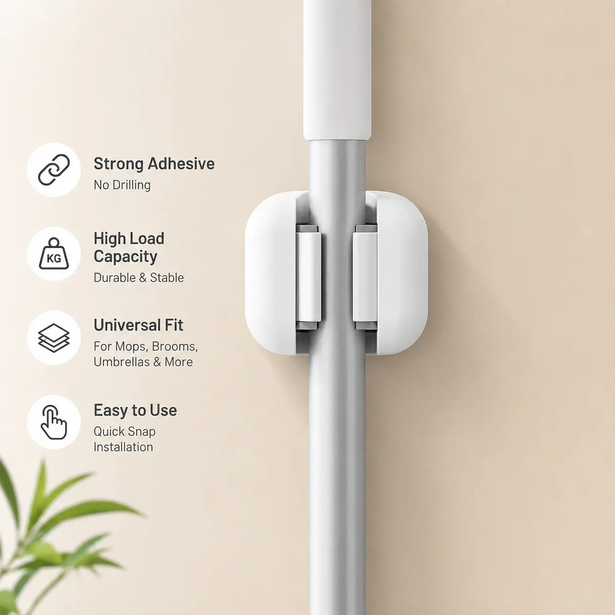 No-Drill Self-Adhesive Wall Mop Organiser - 1 Count, Fits Multi-Size Rods for Storing Brooms, Umbrellas, Long Household Cleaning Tools, Installation