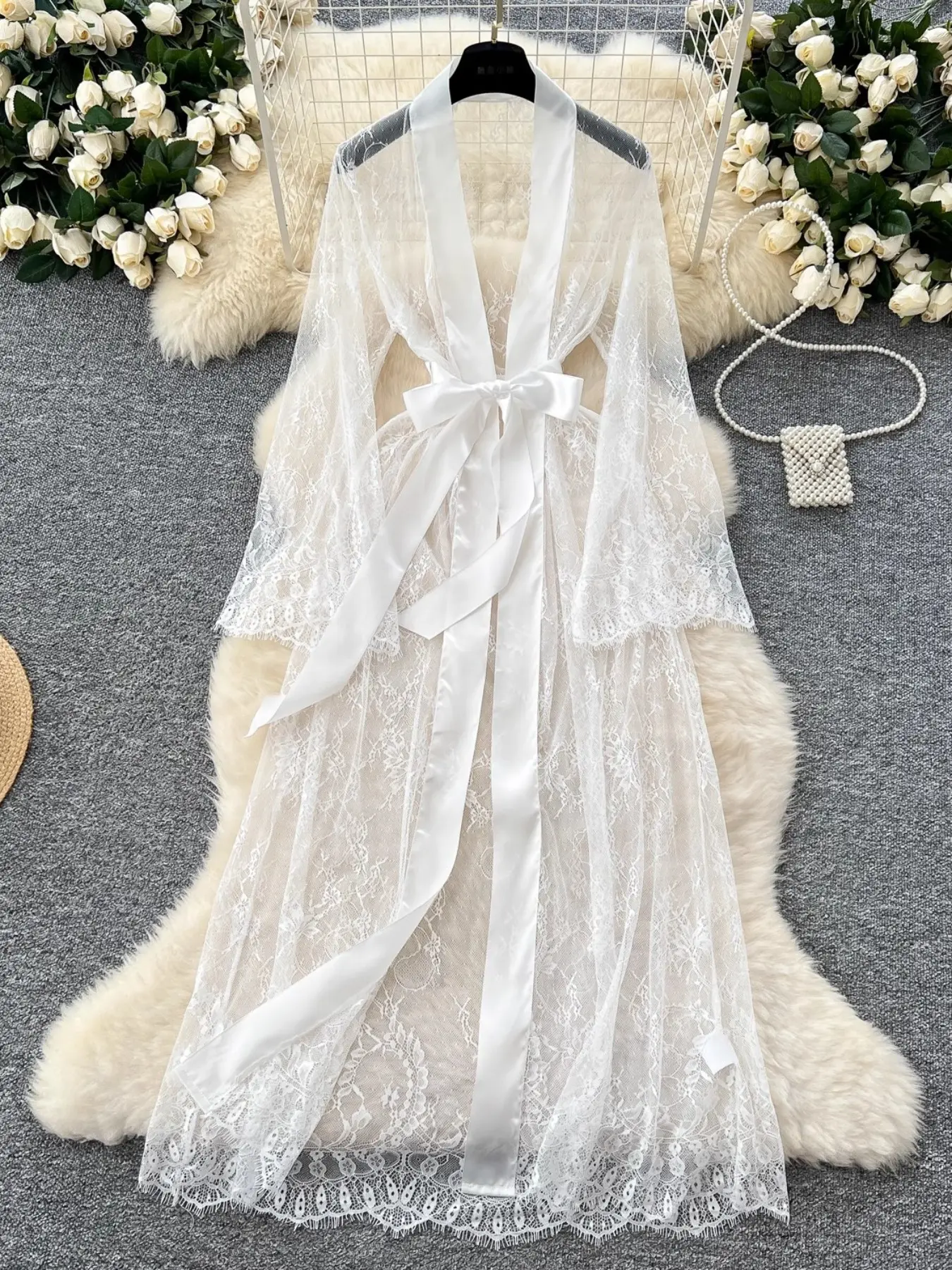 Women's Long Robe and Belt, Transparent Sexy Lace Dress, Floral Pattern, Fitted Style, All Seasons