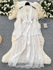Women's Long Robe and Belt, Transparent Sheer Sexy Lace Dress, Floral Pattern, Fitted Style, All Seasons, No Ca Prop 65, Loungewear, Nightwear, Floral Print Robe