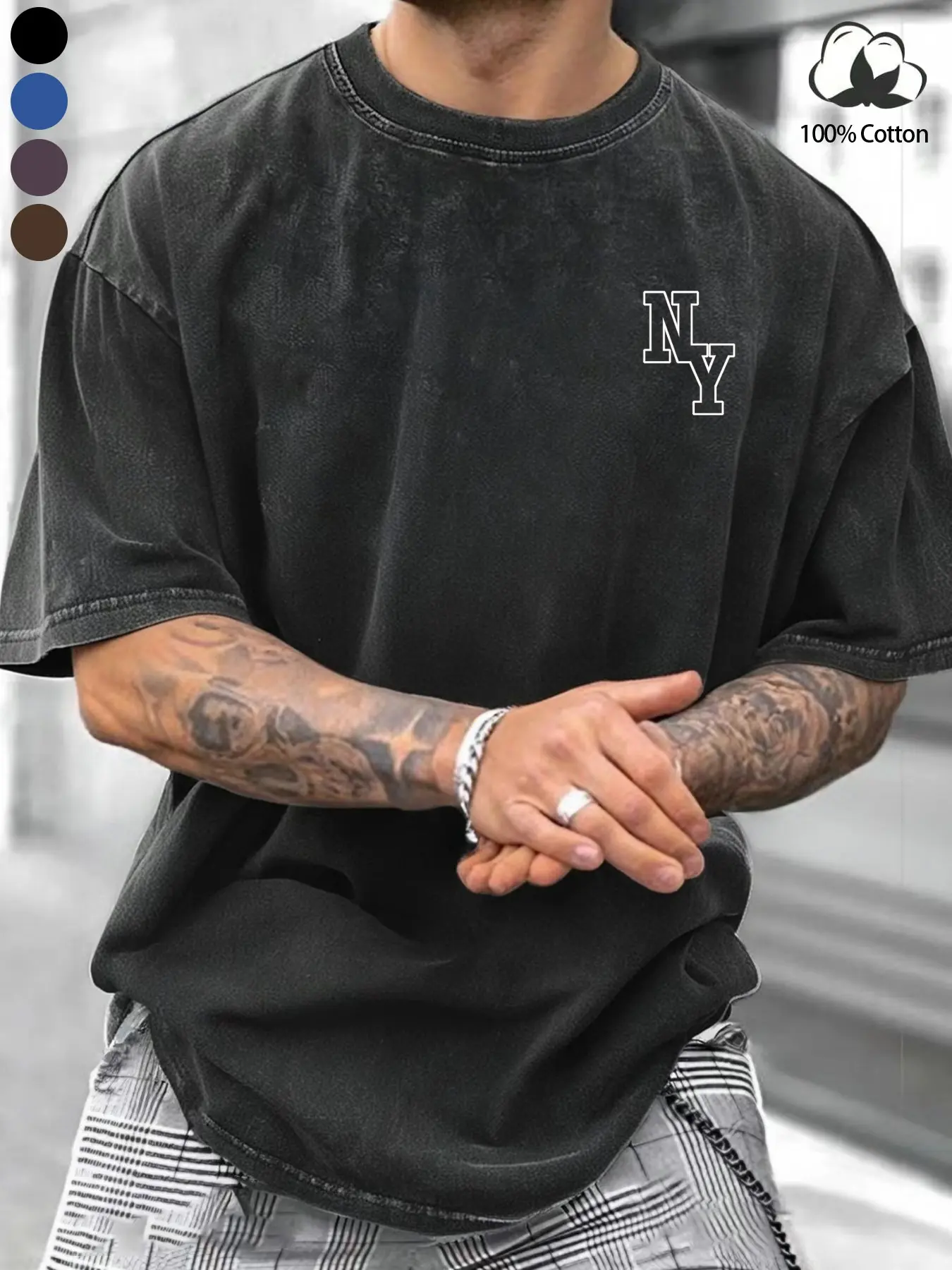 Men's Vintage Acid Wash NY Graphic Casual Tee | 100% Heavyweight Cotton Oversized Round Neck Short Sleeve | Boxy Fit Streetwear Top for Daily Wear & Retro Aesthetic Casual Streetwear Tops