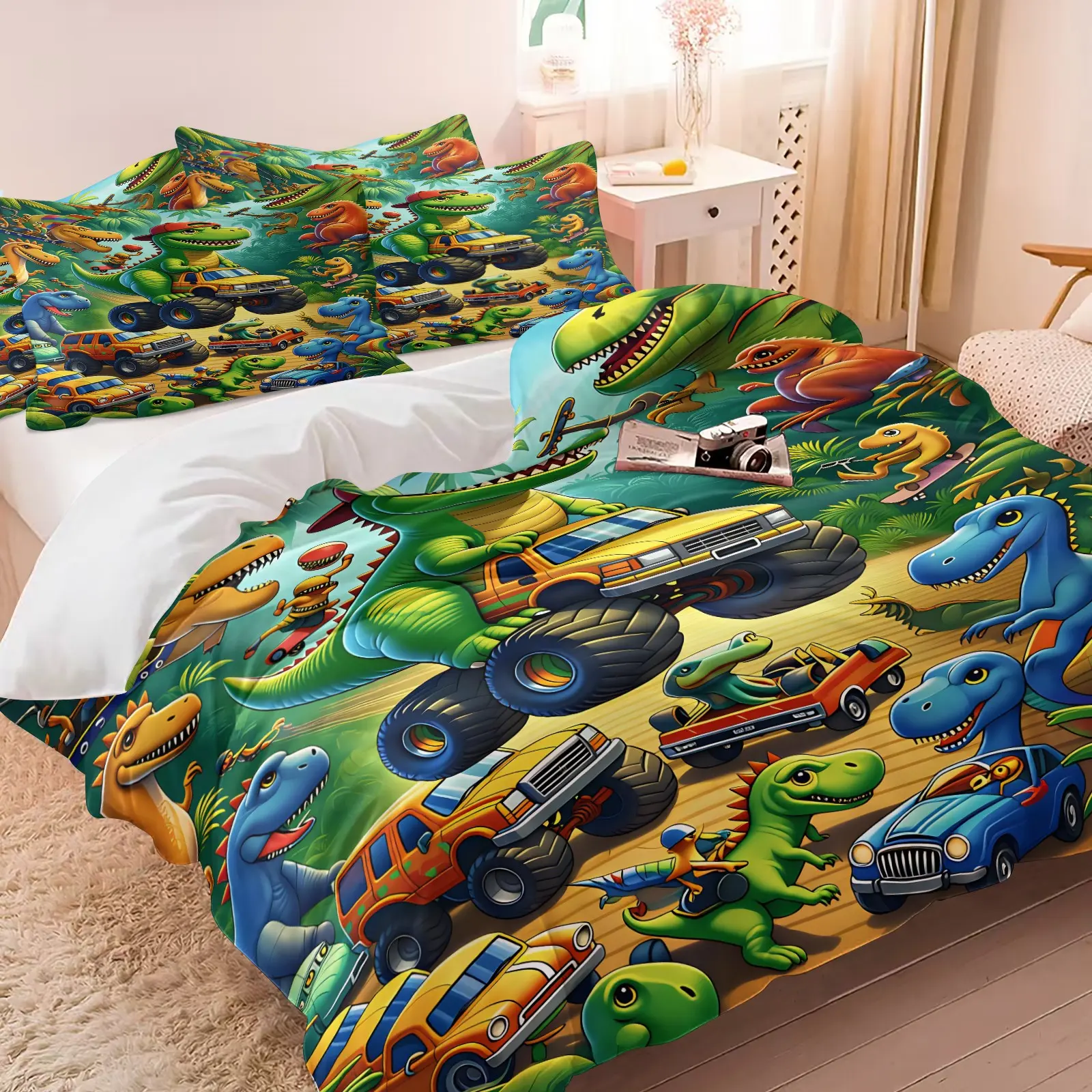 Dinosaur Monster Truck Duvet Cover Set Twin Size, with 1 or 2 Pillow Shams, Soft Microfiber Bedding Easy Care, Jungle Adventure, Cartoon Printed Bedding, Boys Bedroom Makeover for Kids Nursery Playroom, Gift for Dinosaur Lovers Truck Fans