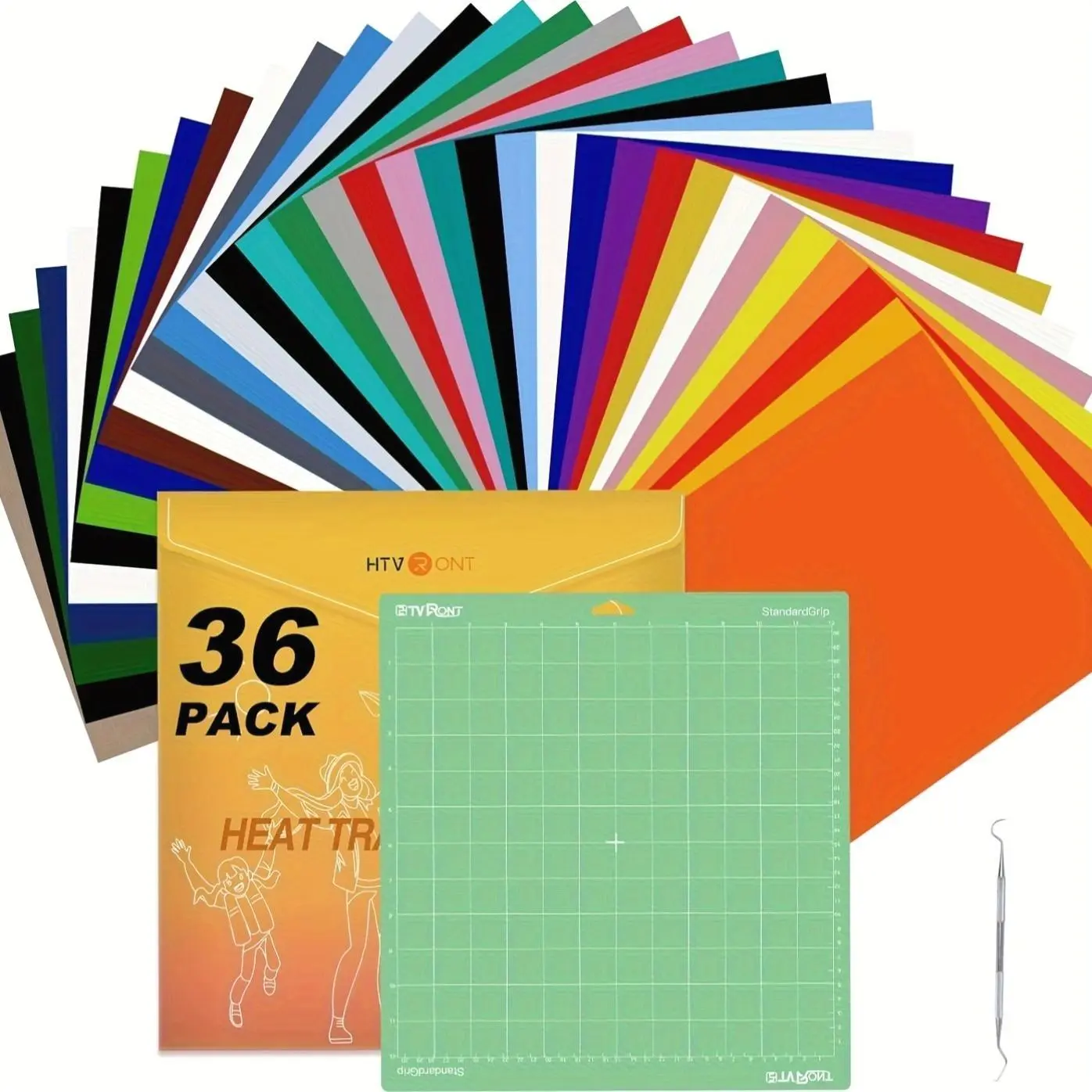 HTVRONT HTV Heat Transfer Vinyl Bundle: 36 Pack 12 X 10 Iron on Vinyl with 1 Pack Standard Grip Cutting Mat for T-Shirt, 25pcs Assorted Colors HTV Vinyl with Tweezers, Silhouette Cameo