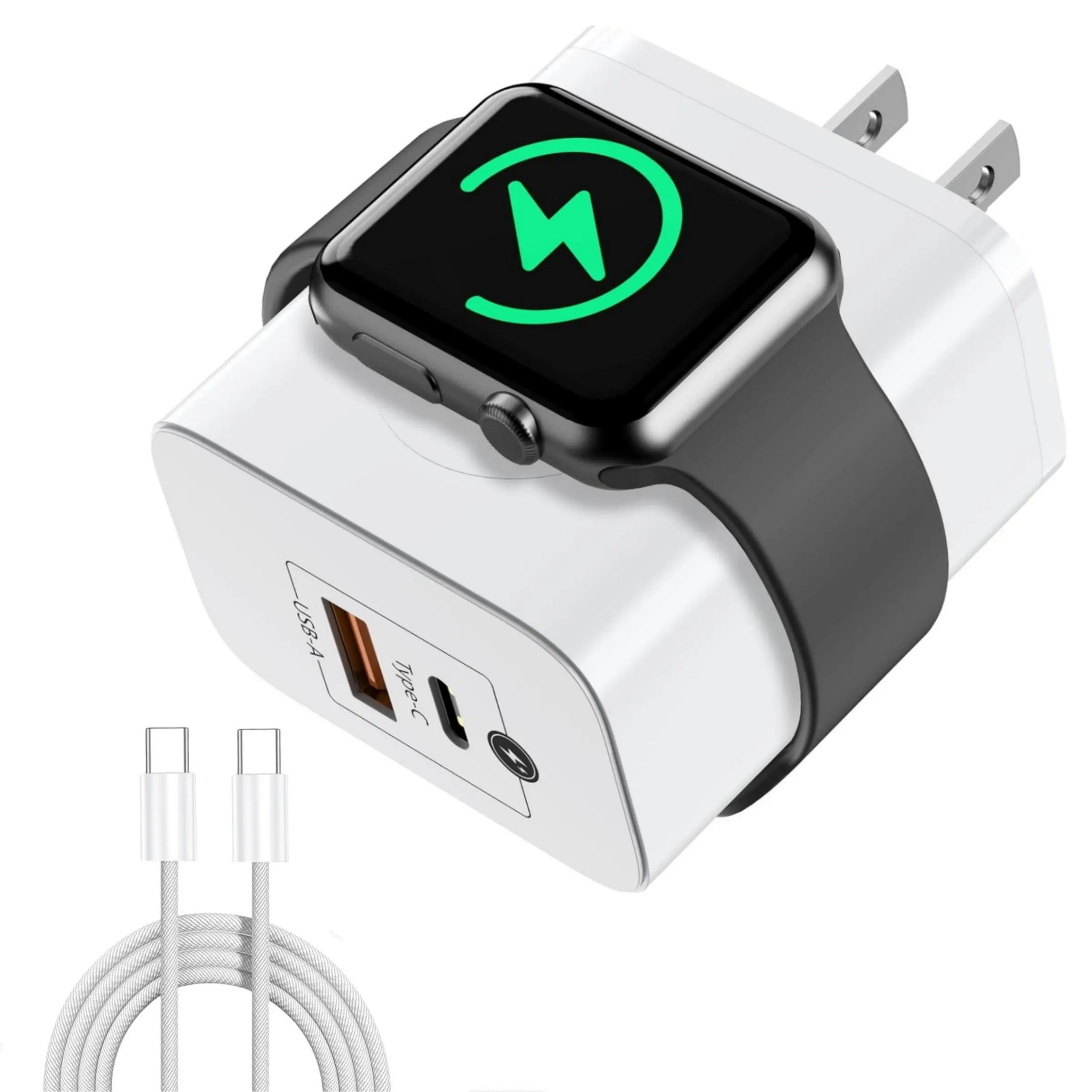 3-in-1 Travel Charger Block with Cable, Portable Dual Charging Ports Wall Charger Set, PD 23W Fast Charging, USB Fast Charger, Compatible with iPhone, Apple Watch Series, Samsung, Android