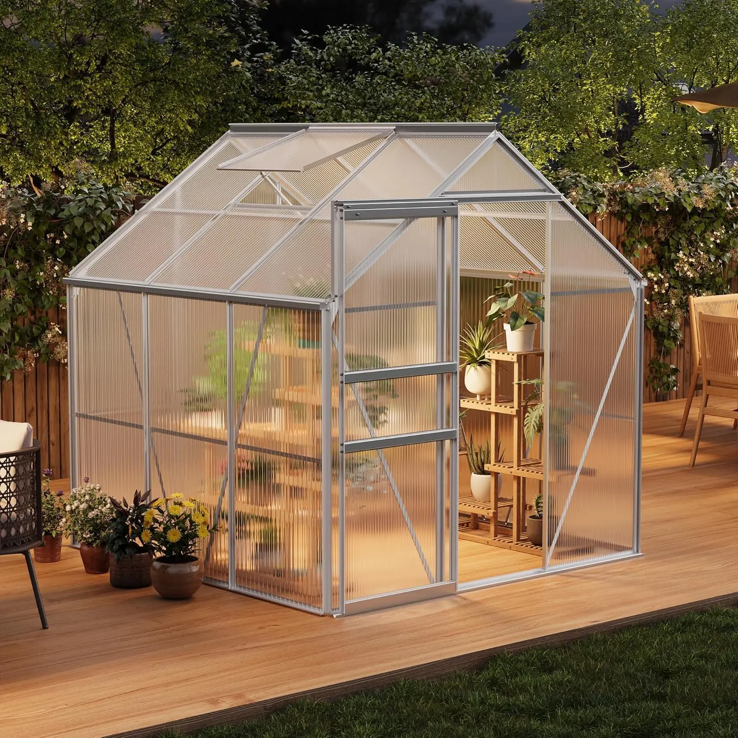 Garvee 6x6 FT Heavy Duty Polycarbonate Greenhouse Kit - Metal (Aluminum-Steel) Frame, Sliding Door, Adjustable Roof Vent, Rain Gutter, Walk-in, Water Resistant, Natural Light Compatible, All Tools Included, Quick Secure Assembly for Patio Winter Gardeners