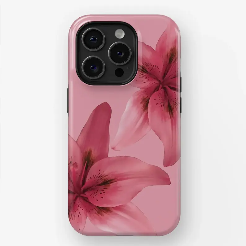 TIGER LILY CASE, Flower Phone case, Pink Lily Case, suitable for Samsung Galaxy 23 24 25 5G iPhone 17 ProMax Air 16 plus cases  15 pro max 14, 13, 12 with screen protector |   Beautiful phone case |   Shockproof protective case |   Smart  phone case