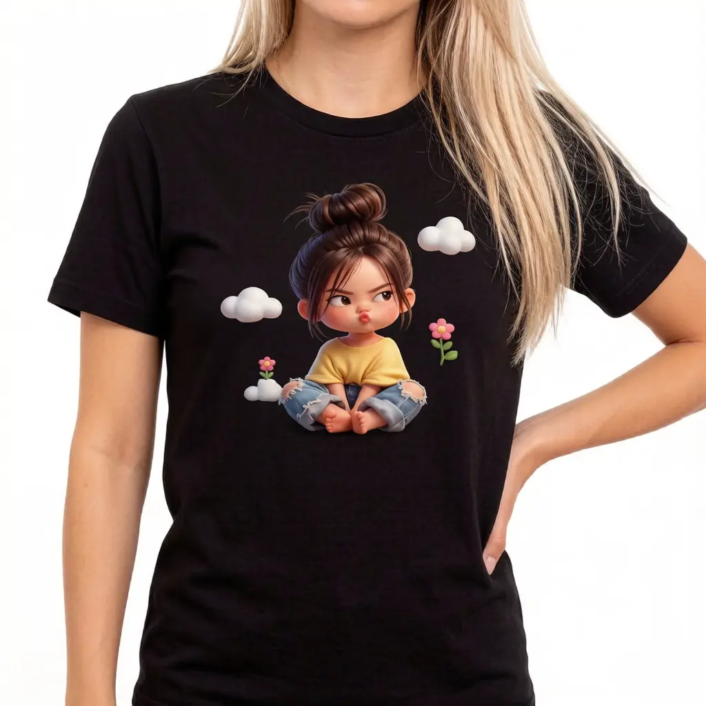 Women's Sassy 3D Cartoon Girl Graphic Tee |   Cute Pouty Girl & Clouds Aesthetic T-Shirt