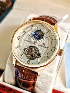 Luxury Men's Mechanical Watch, Analog Mechanical Watch, High-End Hollow-Out Design, Business Casual Style, Band, Mineral Glass Dial, Perfect Gift Box Included