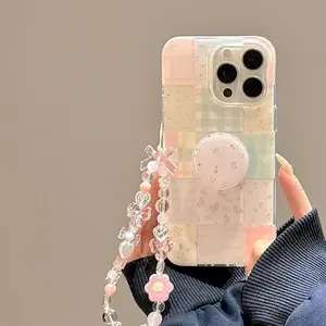 Cute Grid Pattern Phone Case with Bracket & Hanging Decoration, Decorative Phone Protector Cover, Protection, Phone Accessories Compatible with iPhone 11 12 13 14 15 16 17 Pro Max, Casing, Shockproof Phone Cover