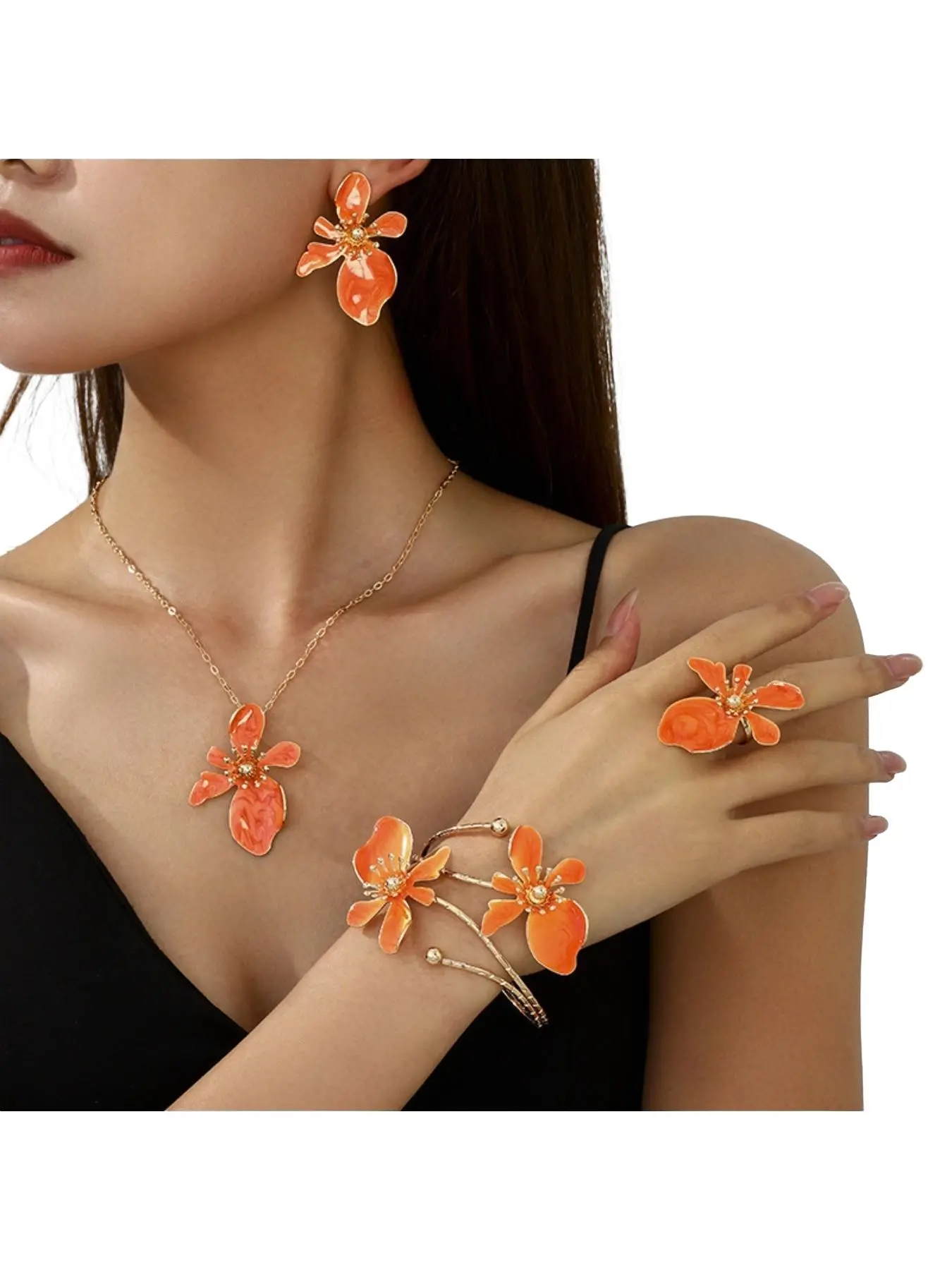 5pcs Floral Jewelry Set, Alloy Material, Multi-Layer Flower Design, Necklace, Earrings, Bracelet, Ring, Perfect for Parties, Travel, Weddings, Wedding Sets, Bridal Jewelry Set for Wedding