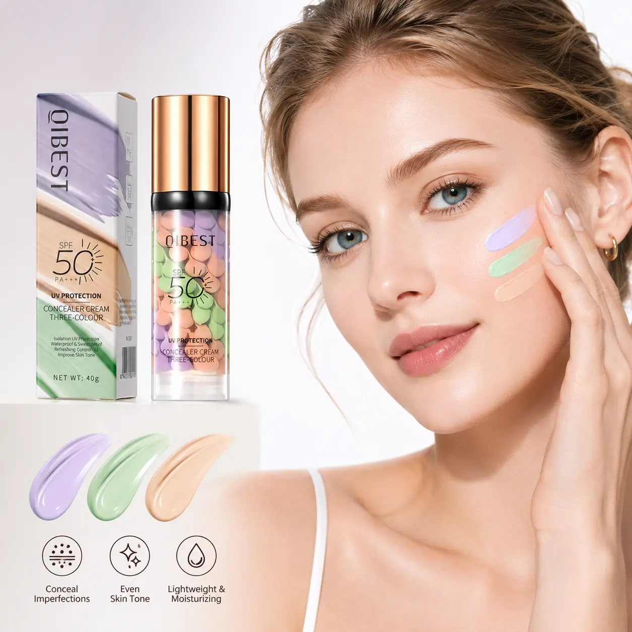 Three-Color Protective Isolation Cream with SPF 50 Coverage, Brightening & Oil-Control Moisturizer for Color Correction, Waterproof & Sweatproof Makeup Base