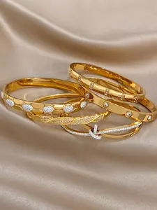 5pcs Set Gold Plated Stackable Fashionable Bangles with Cubic Zirconia Accents, Cubic Zirconia Bracelet, Stainless Steel Fashion Jewelry Collection, Hypoallergenic & Waterproof