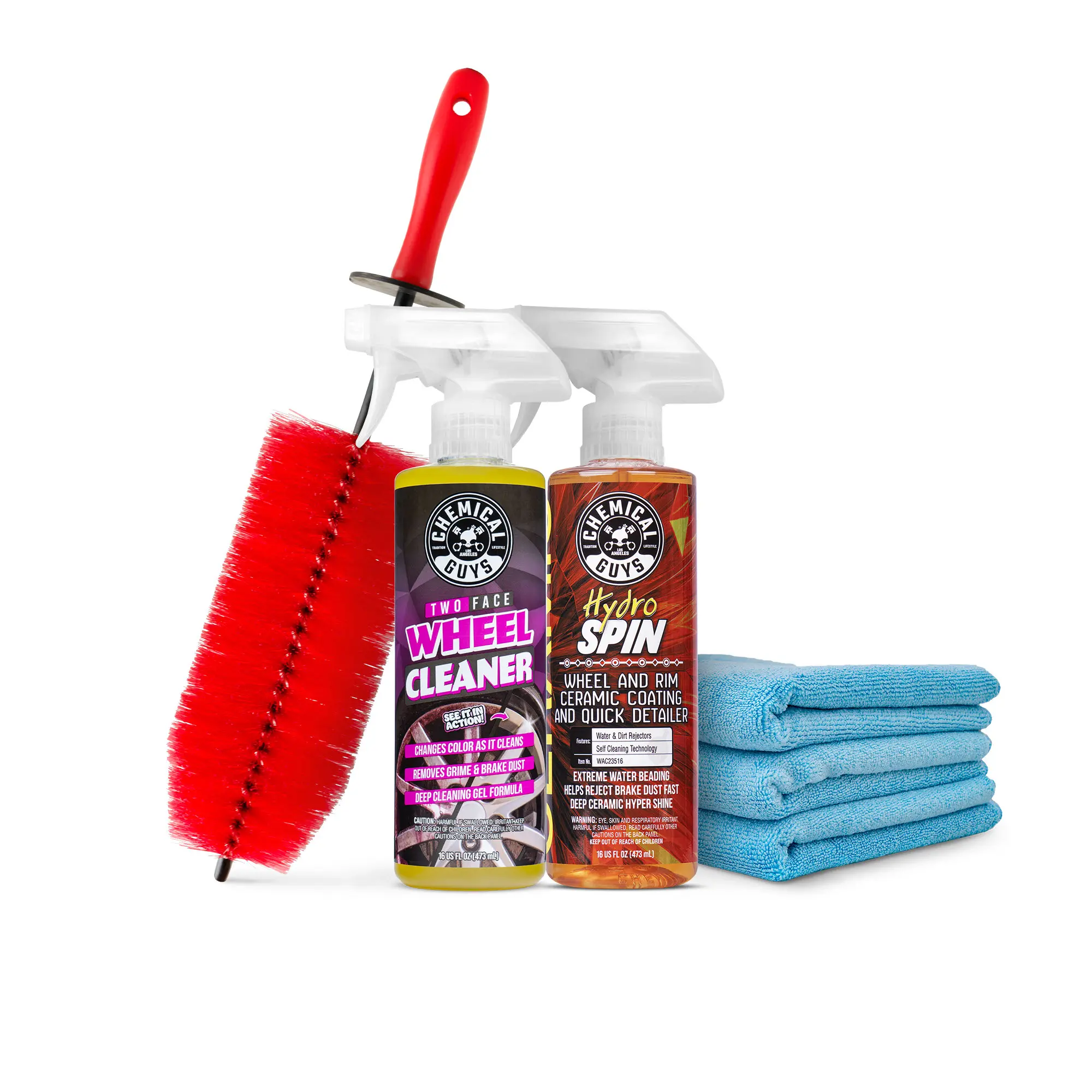 Chemical Guys 2 Face Tire Wheel Deep Cleaning Kit - 16 oz Bottles, Color-Changing Cleaner, Brake Dust Remover, Brush, Towels, Ceramic Spray Coating, Glossy Hydrophobic Protection
