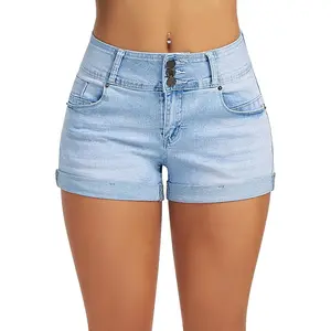 Roswear Women's High-Waisted Stretch Denim Shorts - Cuffed Summer Jean Shorts for Casual Outfits, Weekend Looks, and Everyday Wear
