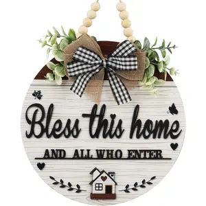 3D Bless This Home And All Who Enter Wooden front Door Signs,Door Decorations Hanging,Christian Jesus Home Porch Wall Decor,Spring Wreaths,Door Wreaths for Front Door Outside All Season