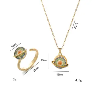 Planet Jewelry Set 2PCS Necklace & Ring for Women Rotatable Colorful Ring Titanium Steel Unique Design 10mm x 20mm Chain 40-45cm