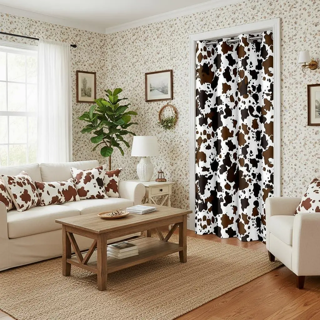 Milk Cow Print Door Curtain,White Cow Animal Fur Pattern Doorway Blackout Curtain,Rustic Farmhouse Style Door Drape Living Room