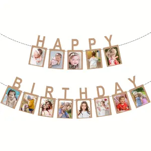 Birthday Photo Banner, Birthday Party Decorations with Rope and Plastic Pins, Adult Happy Birthday Sign (cowhide Paper)