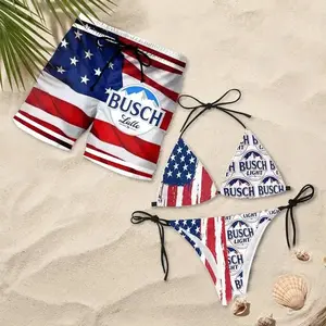Matching Buschh Latte Swimwear Set for Couples – Swim Bra & Tie Side Thong Bikini + Men's Beach Shorts, Summer Vacation Swimsuit, Aloha Beach Outfit, Casual Holiday Bathing Suits