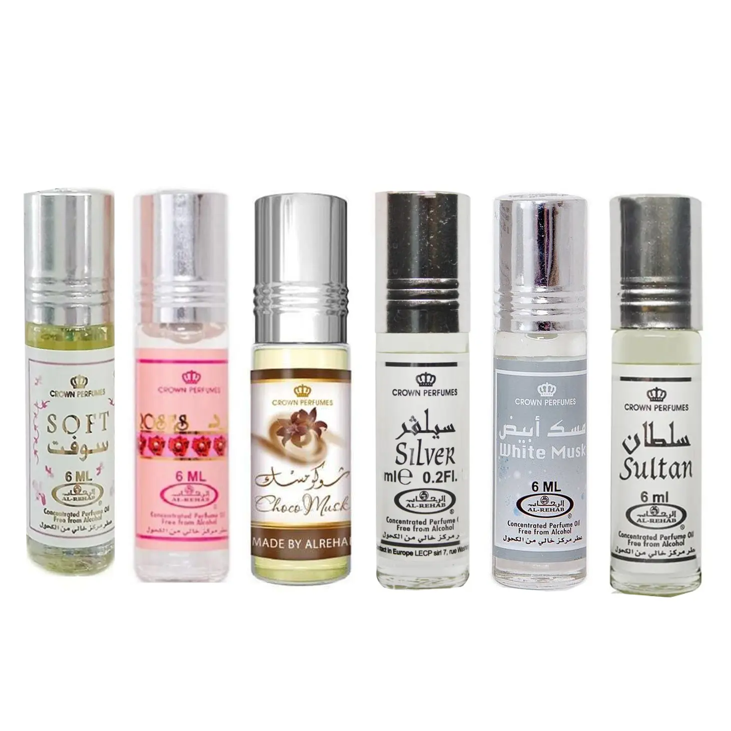 (6pc Bundle) Choco Musk, Soft, Roses, White Musk, Silver, Sultan - 6ml Each Assorted Perfume Oil Roll-On Set by Al-Rehab