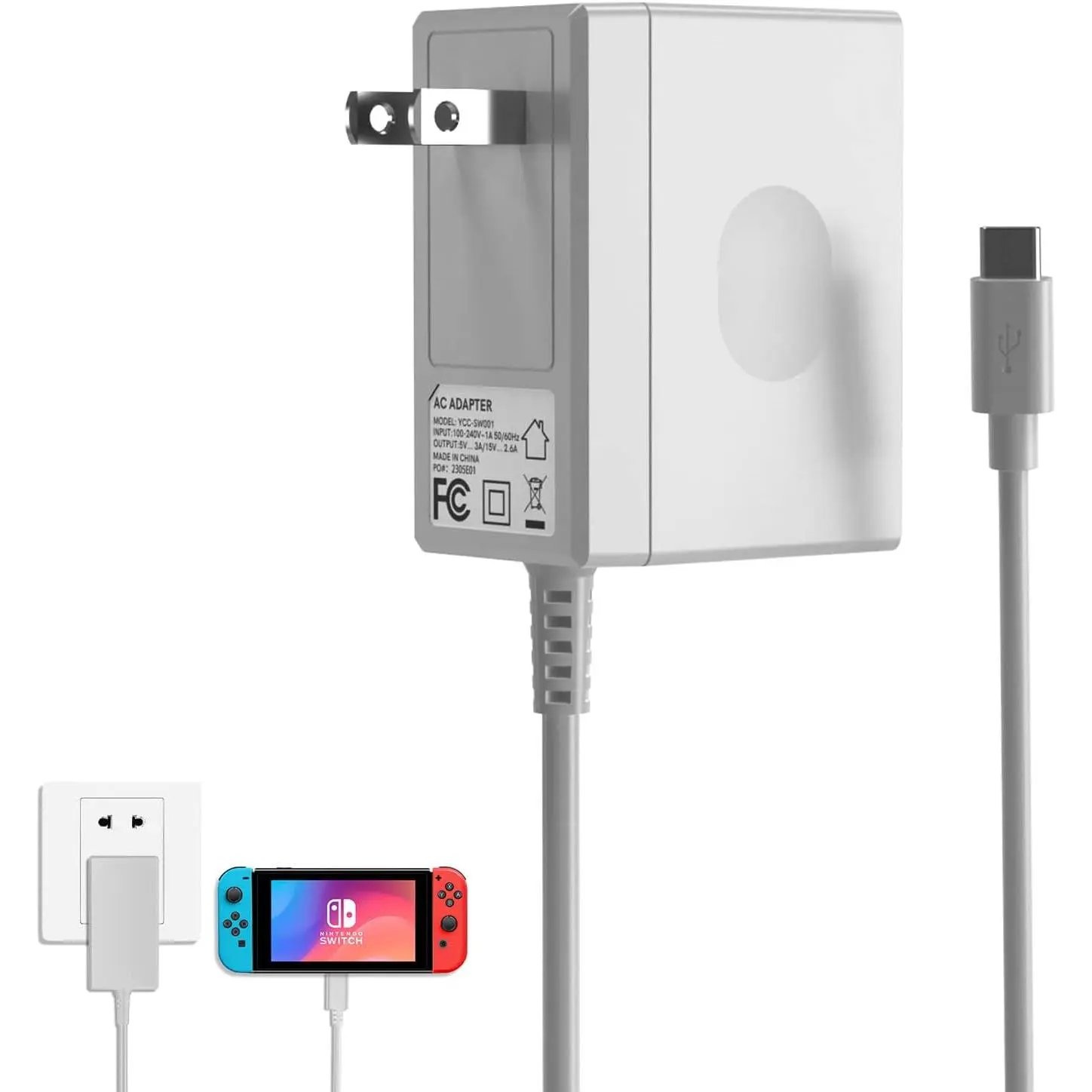 Charger for Nintendo Switch,39W AC Adapter for Switch - Fast Travel Wall Charger with 5FT USB C Cable 15V/2.6A Power Supply for Nintendo Switch Supports TV Mode and Dock Station (White)