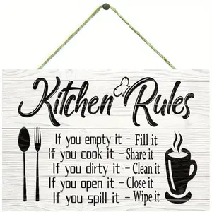 Kitchen Rules Themed Wooden Hanging Sign, Kitchen Rules Themed Wall Plaque, Rustic Farmhouse Design Wall Decor for Home Kitchen Dining Room
