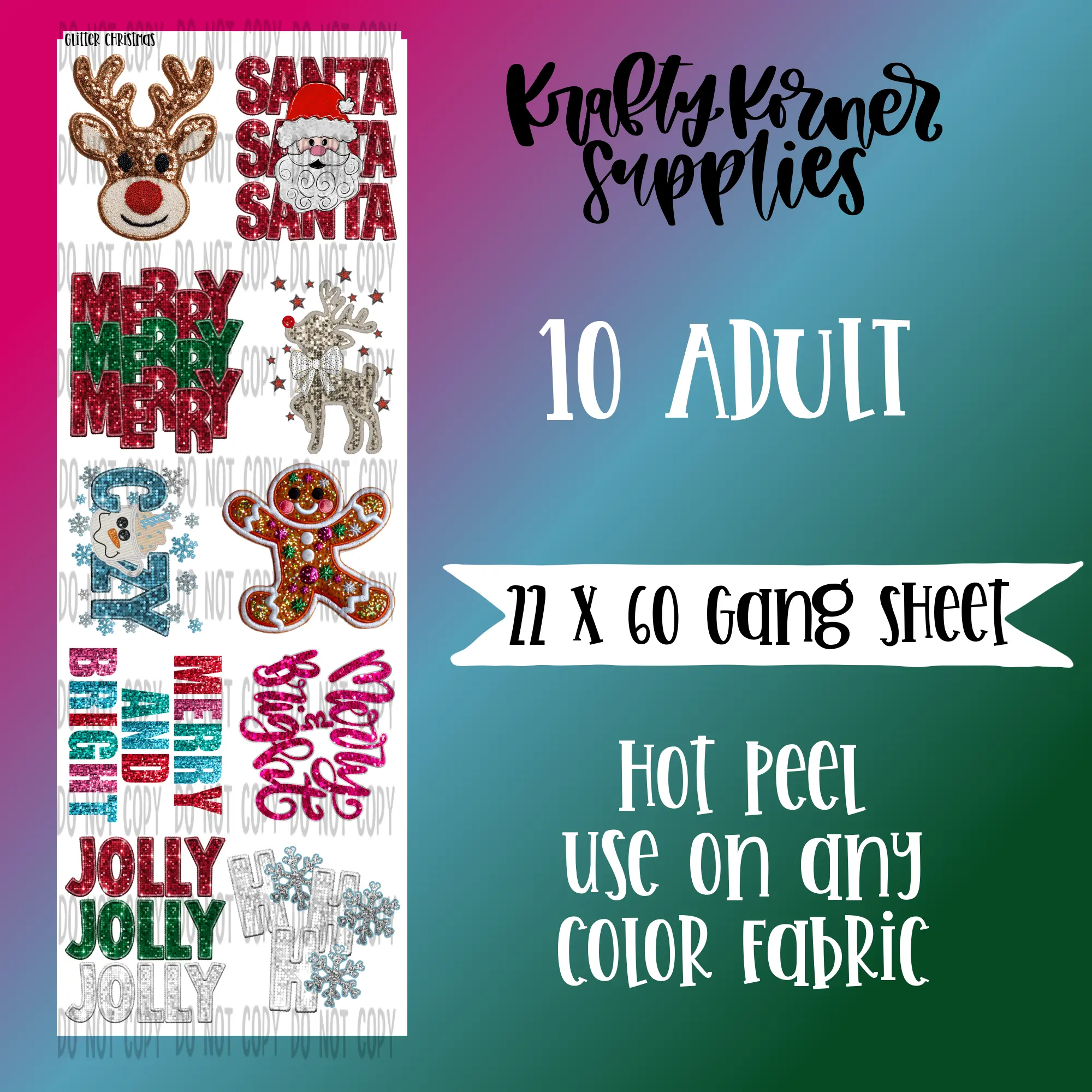 Glitter Christmas DTF Transfer Gang Sheet, 22 x 60